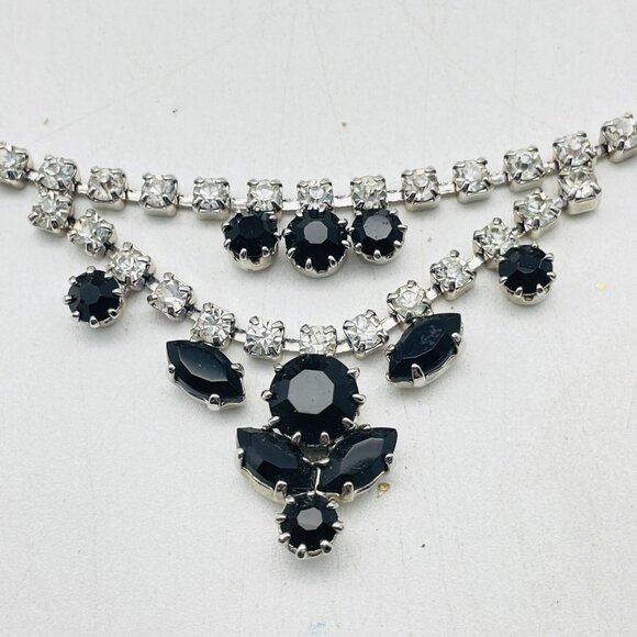 Vintage Black Rhinestone Necklace Silver Tone Choker Evening Jewelry - Picture 3 of 9